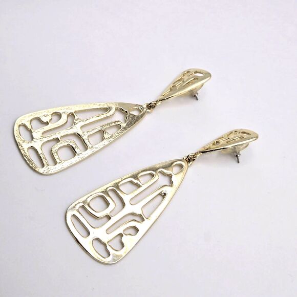 Goldtone Openwork Shiny Dangle Teardrop 3" Post Earrings - Picture 2 of 4